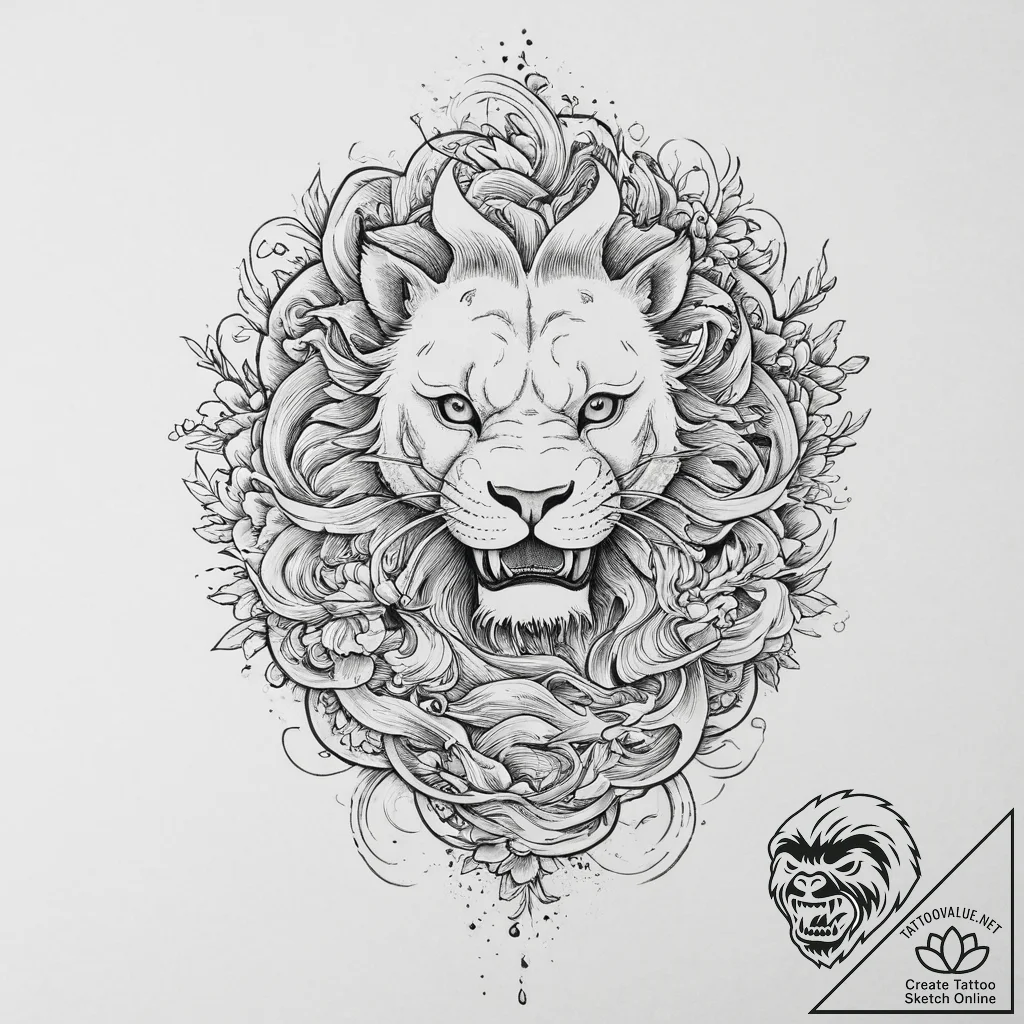 A woman's face merged with a lion's face, a p... - tattoo sketch (№1751997166_0, 08.07.2025 17:52) — tattoovalue.net