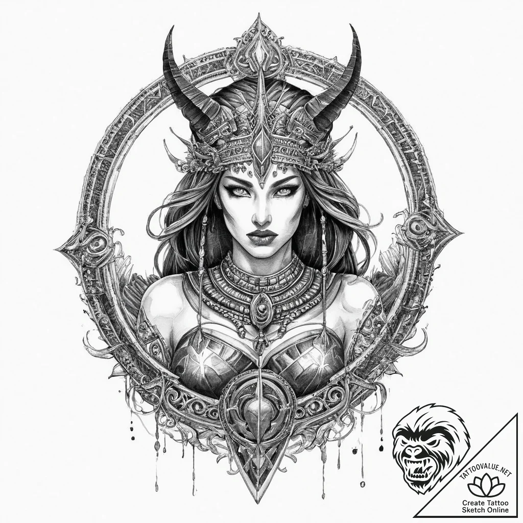 A beautiful but fierce goddess of war, like m... - tattoo sketch (№1751997480_0, 08.07.2025 17:58) — tattoovalue.net