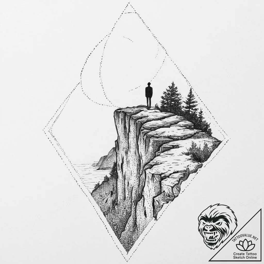 A human silhouette, standing on a cliff edge,... - tattoo sketch (№1751998232_0, 08.07.2025 18:10) — tattoovalue.net