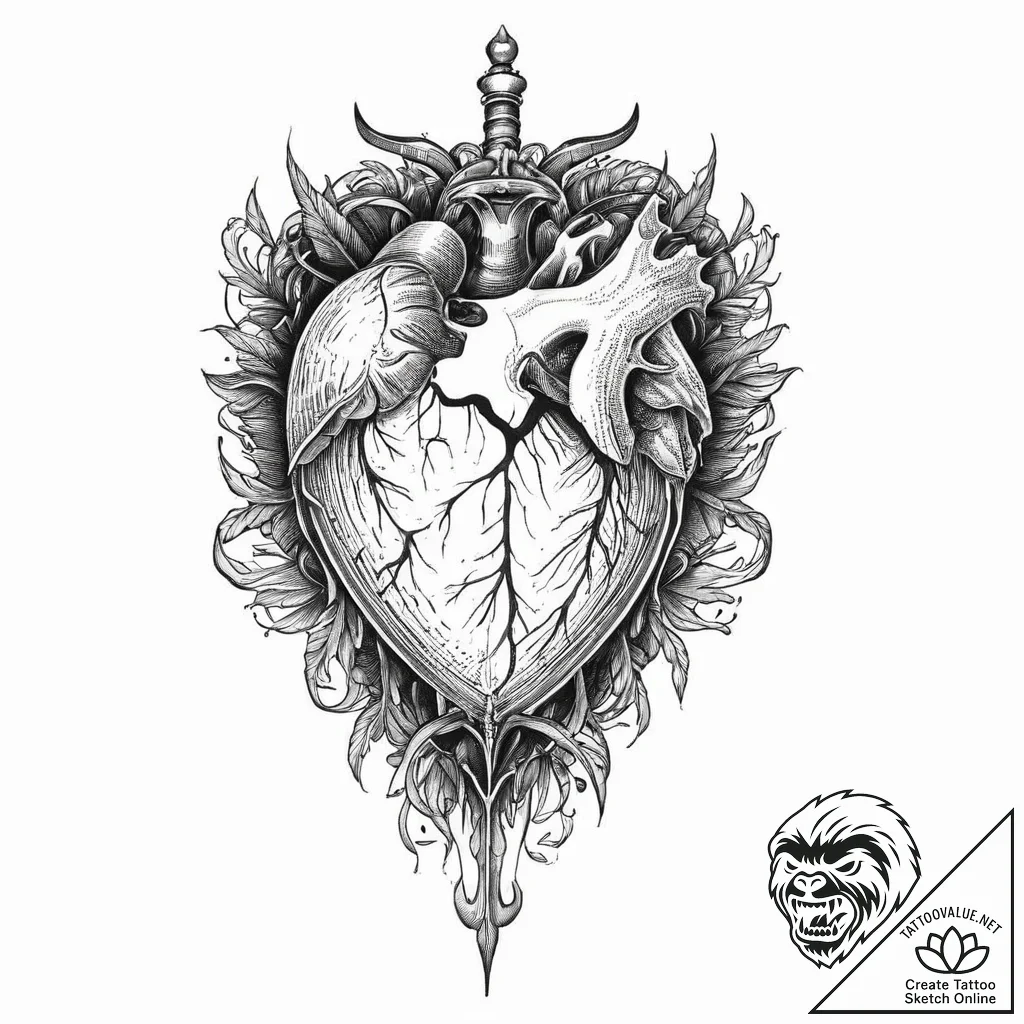 A human heart, with a dagger stuck in it, but... - tattoo sketch (№1751998315_0, 08.07.2025 18:11) — tattoovalue.net