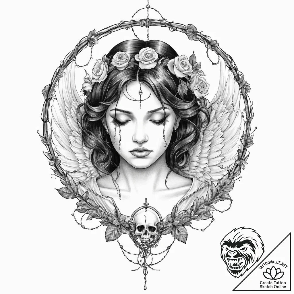 A portrait of a sad angel, her halo is a ring... - tattoo sketch (№1751998649_0, 08.07.2025 18:17) — tattoovalue.net