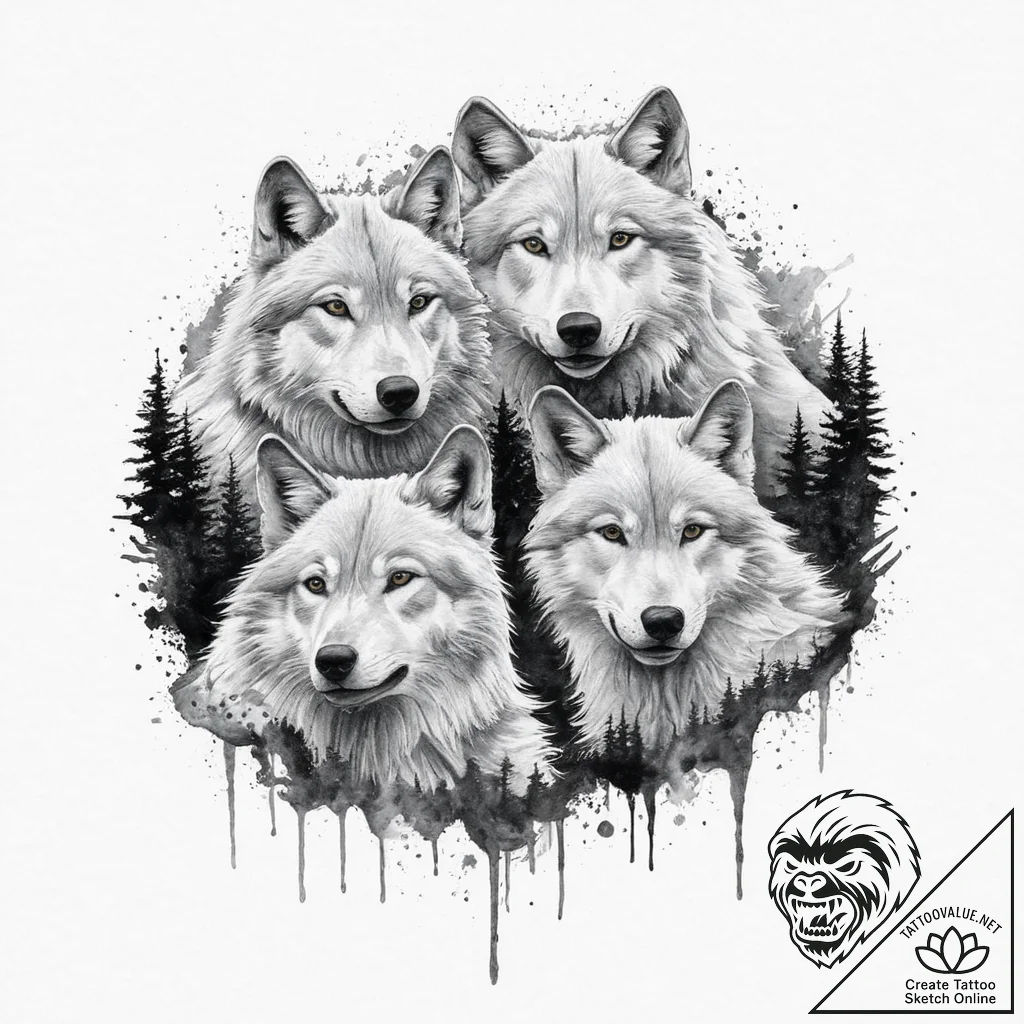A beautiful, strong wolf pack, sharing their... - tattoo sketch (№1751999561_0, 08.07.2025 18:32) — tattoovalue.net