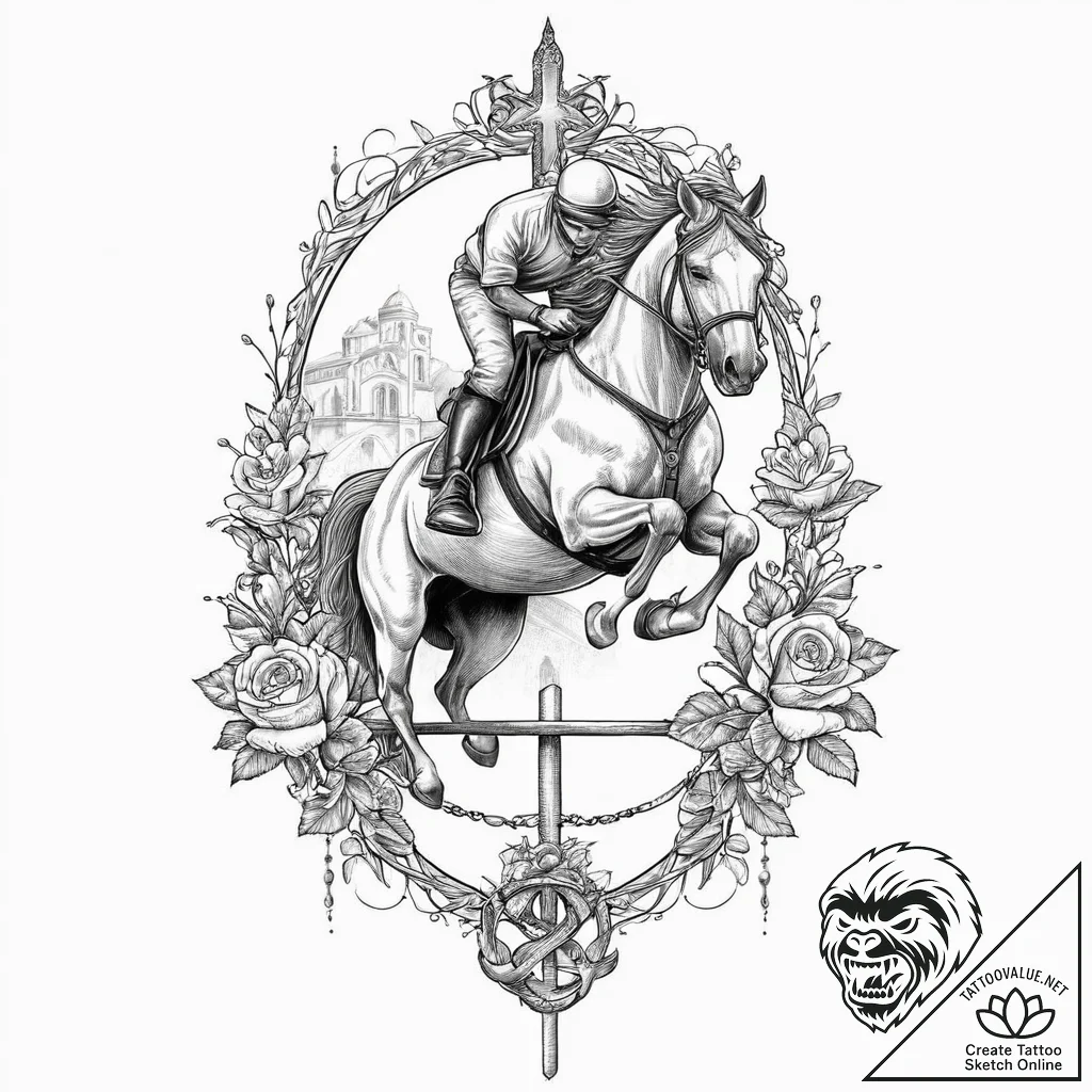 A powerful horse, jumping over a high obstacl... - tattoo sketch (№1751999724_0, 08.07.2025 18:35) — tattoovalue.net