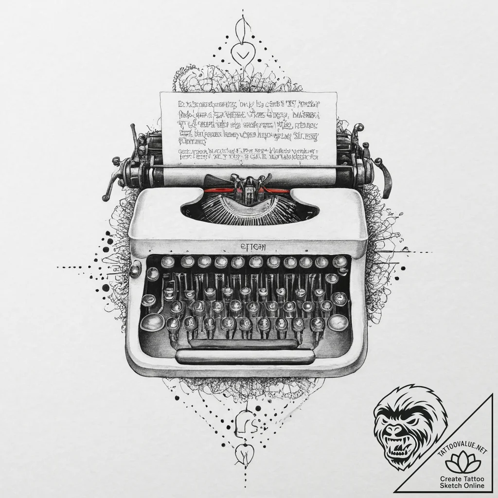 A typewriter, its keys are jumbled and chaoti... - tattoo sketch (№1751999810_0, 08.07.2025 18:36) — tattoovalue.net