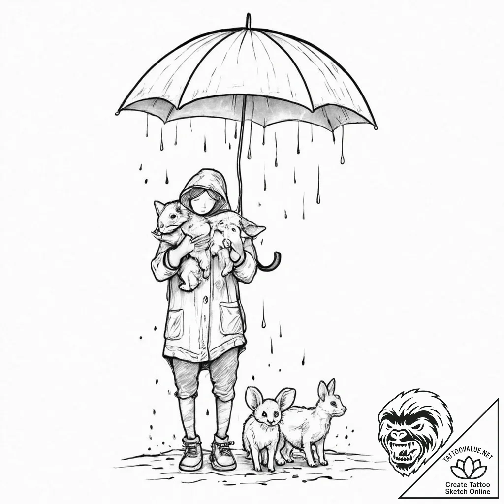 A single person, holding a large umbrella ove... - tattoo sketch (№1752000060_0, 08.07.2025 18:41) — tattoovalue.net