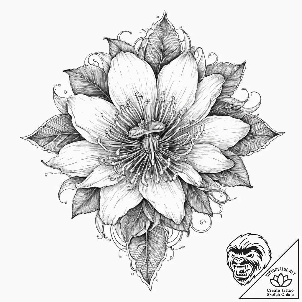 A beautiful, realistic passion flower, intric... - tattoo sketch (№1752000643_0, 08.07.2025 18:50) — tattoovalue.net