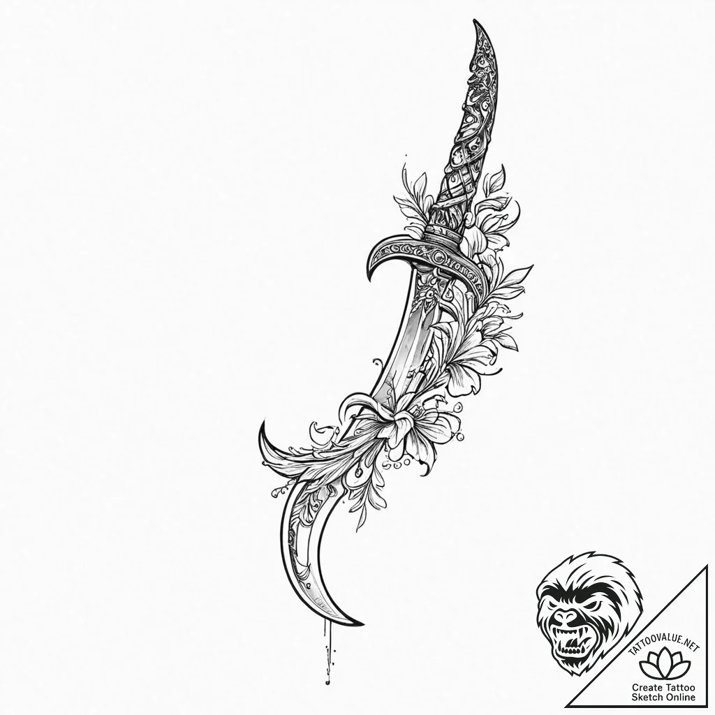 A beautiful, ornate scimitar, its curve is el... - tattoo sketch (№1752000891_0, 08.07.2025 18:54) — tattoovalue.net