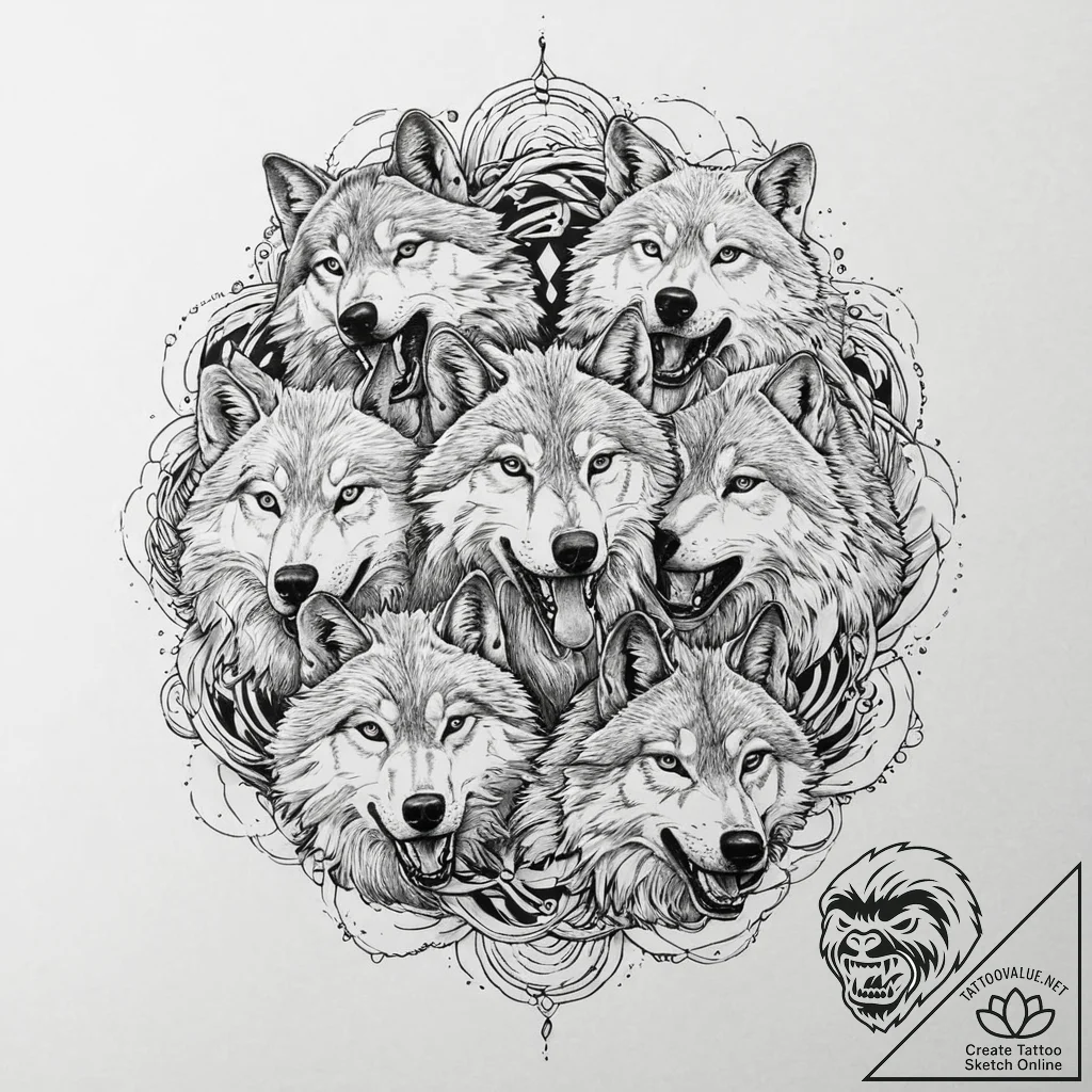 A pack of wolves, their bodies forming a powe... - tattoo sketch (№1752002564_0, 08.07.2025 19:22) — tattoovalue.net