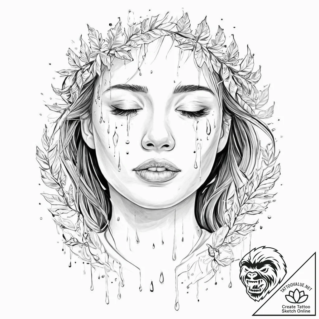 A girl whose tears are falling leaves - tattoo sketch (№1752002733_0, 08.07.2025 19:25) — tattoovalue.net
