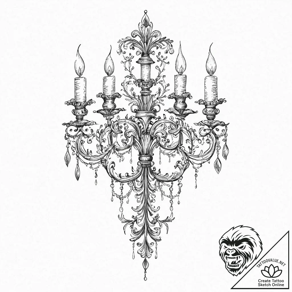 A beautiful, ornate antique candelabra, tatto... - tattoo sketch (№1752003674_0, 08.07.2025 19:41) — tattoovalue.net