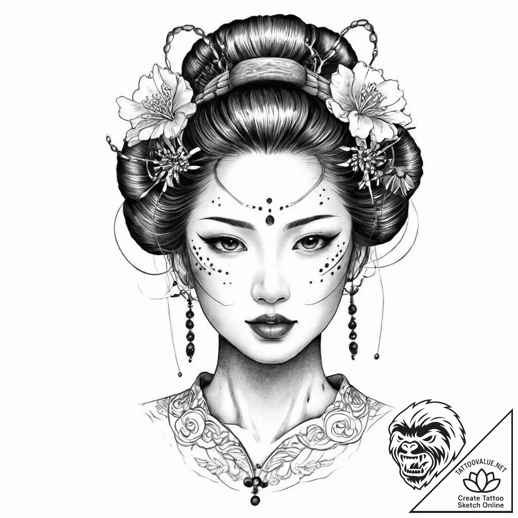 A geisha girl with cybernetic implants on her... - tattoo sketch (№1752003844_0, 08.07.2025 19:44) — tattoovalue.net