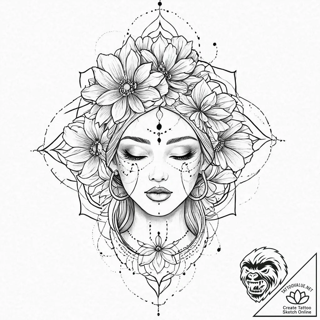 A beautiful woman with her face half-covered... - tattoo sketch (№1752004441_0, 08.07.2025 19:54) — tattoovalue.net