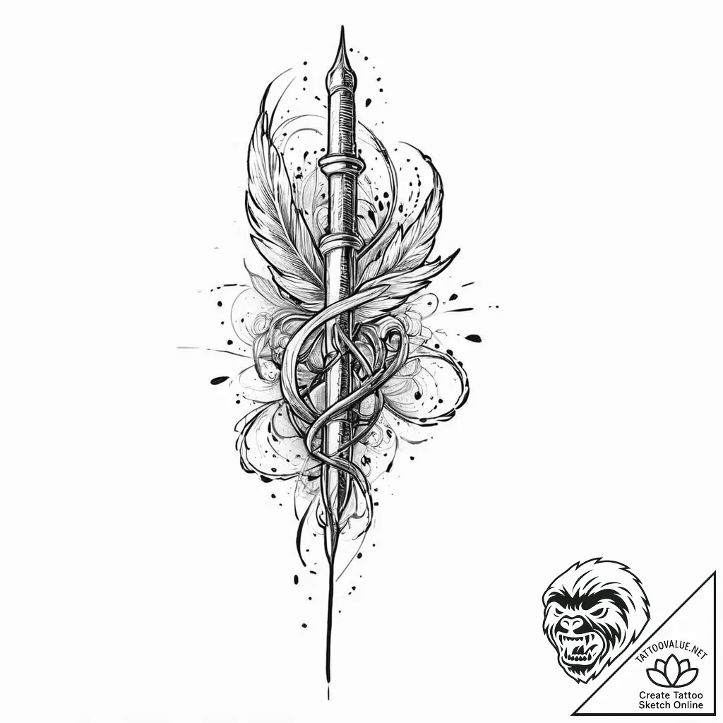 A beautiful, ornate quill pen, writing a sing... - tattoo sketch (№1752005121_0, 08.07.2025 20:05) — tattoovalue.net
