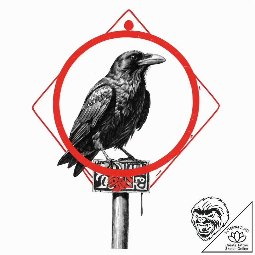 A realistic raven, perched on a red stop sign... - tattoo sketch (№1752005205_0, 08.07.2025 20:06) — tattoovalue.net