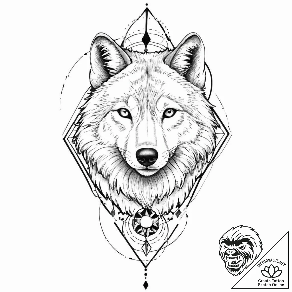 A portrait of a wolf, with a red, geometric f... - tattoo sketch (№1752005289_0, 08.07.2025 20:08) — tattoovalue.net