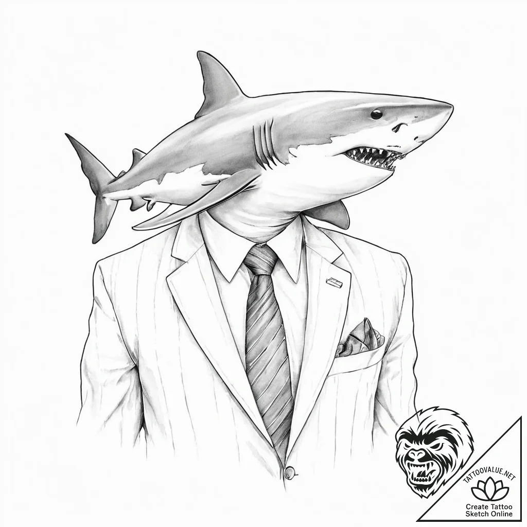 A shark, wearing a sleek, expensive business... - tattoo sketch (№1752005373_0, 08.07.2025 20:09) — tattoovalue.net