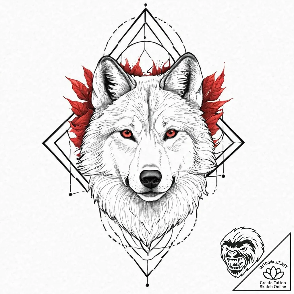 A portrait of a wolf, with a red, geometric f... - tattoo sketch (№1752005545_0, 08.07.2025 20:12) — tattoovalue.net