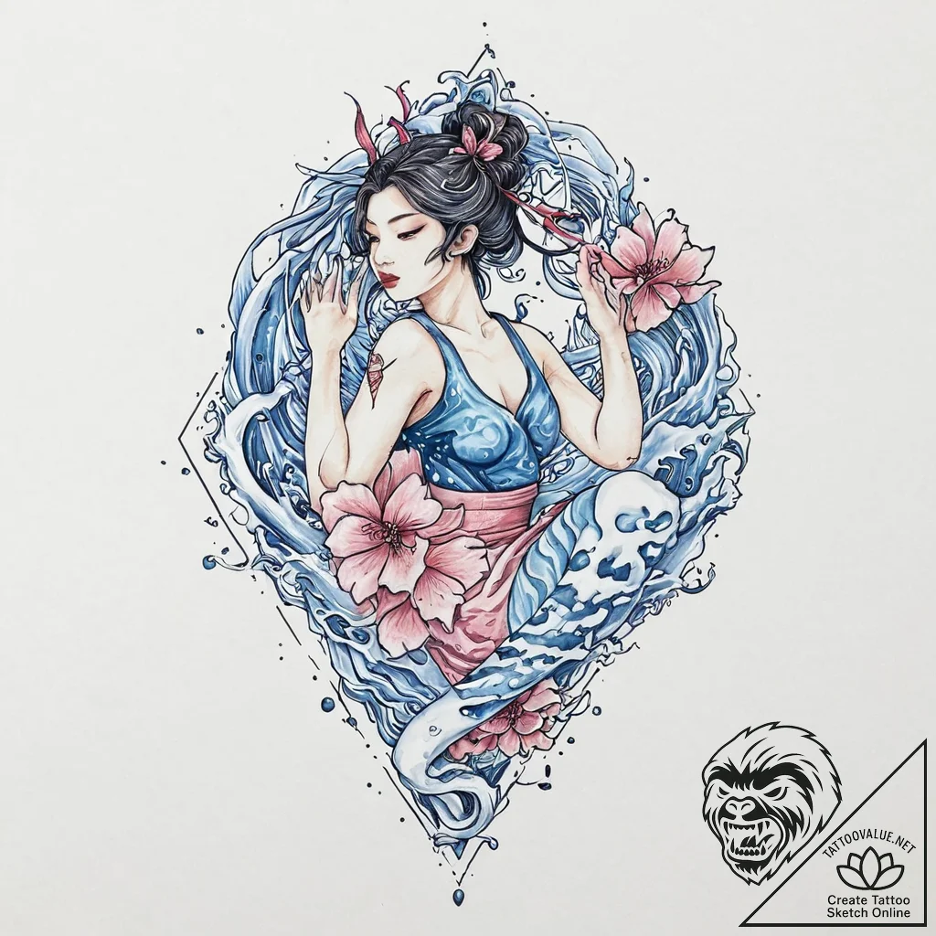 A ballerina, her dress is a swirl of light pi... - tattoo sketch (№1752005631_0, 08.07.2025 20:13) — tattoovalue.net
