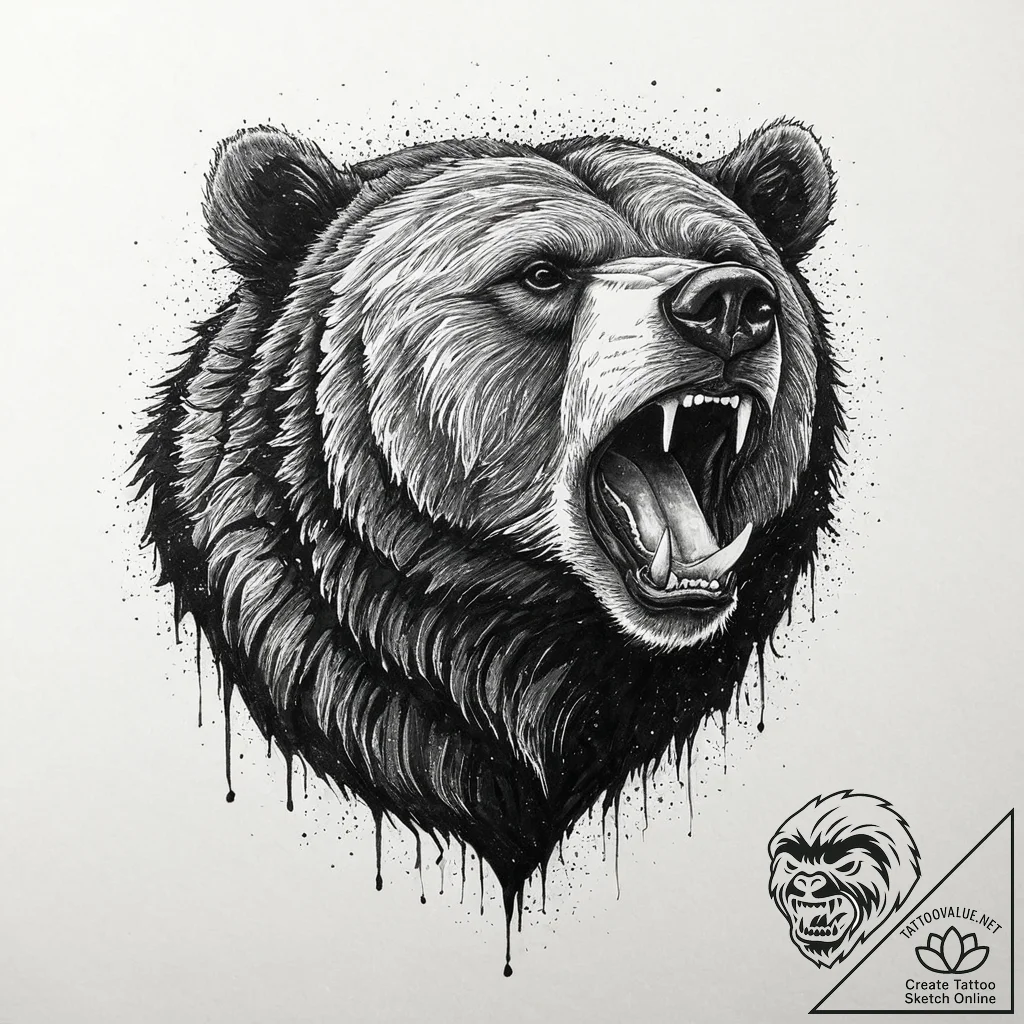 A powerful grizzly bear, roaring, its breath... - tattoo sketch (№1752006056_0, 08.07.2025 20:20) — tattoovalue.net