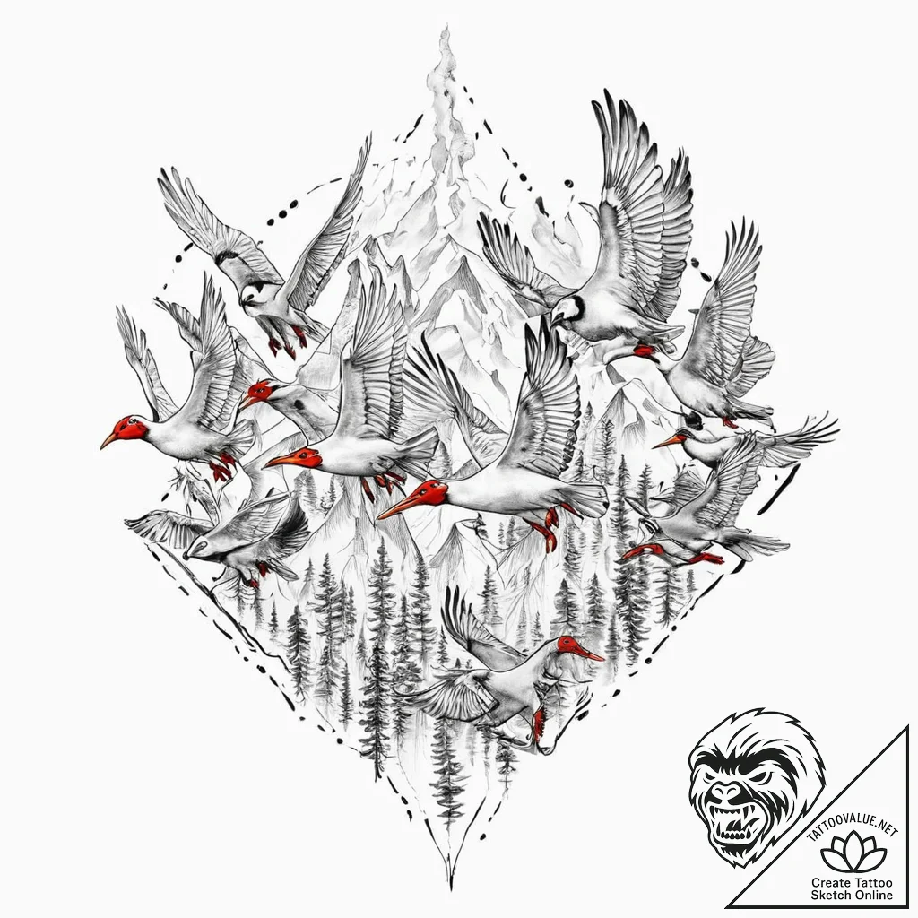 A powerful migratory bird flock, flying in a... - tattoo sketch (№1752006311_0, 08.07.2025 20:25) — tattoovalue.net