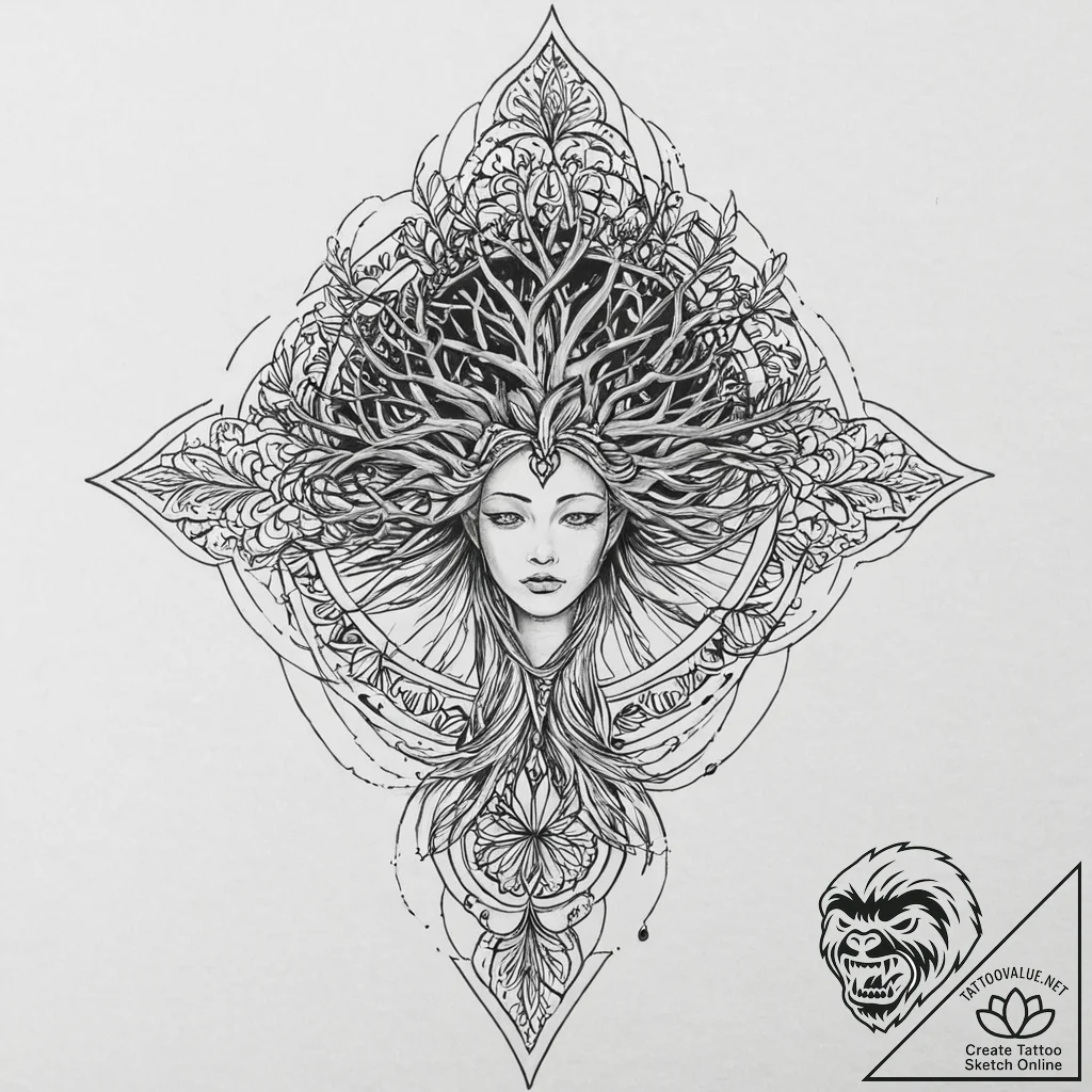 A dryad, her body is made of wood and she is... - tattoo sketch (№1752006396_0, 08.07.2025 20:26) — tattoovalue.net