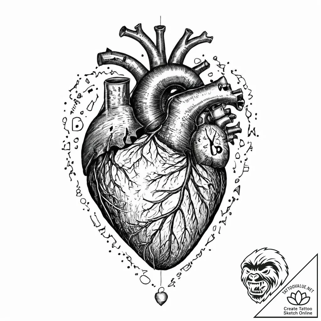 A realistic anatomical heart, with large, bla... - tattoo sketch (№1752007249_0, 08.07.2025 20:40) — tattoovalue.net
