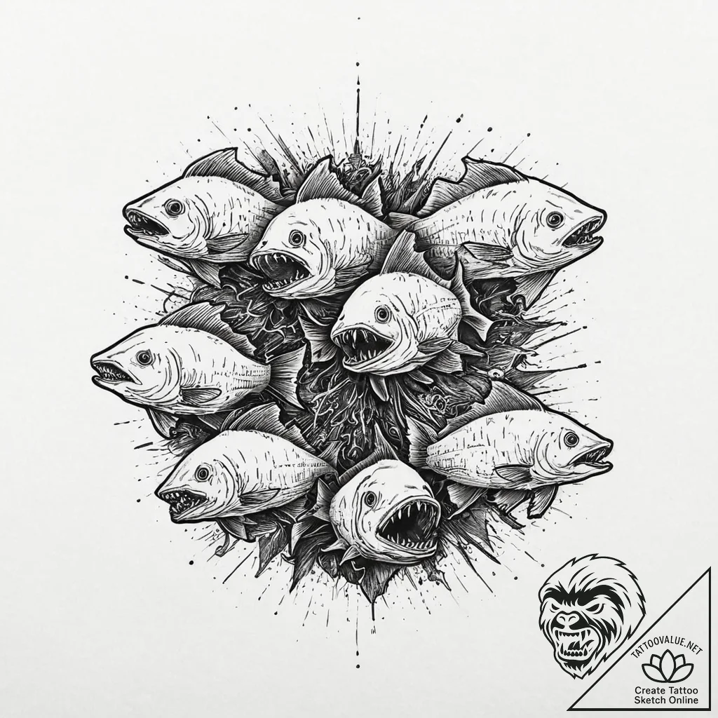 A pack of spectral piranhas, their teeth glow... - tattoo sketch (№1752007417_0, 08.07.2025 20:43) — tattoovalue.net