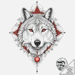 A portrait of a wolf, with a red, abstract su… – tattoo sketch (№1752007928_0, 08.07.2025 20:52) — tattoovalue.net
