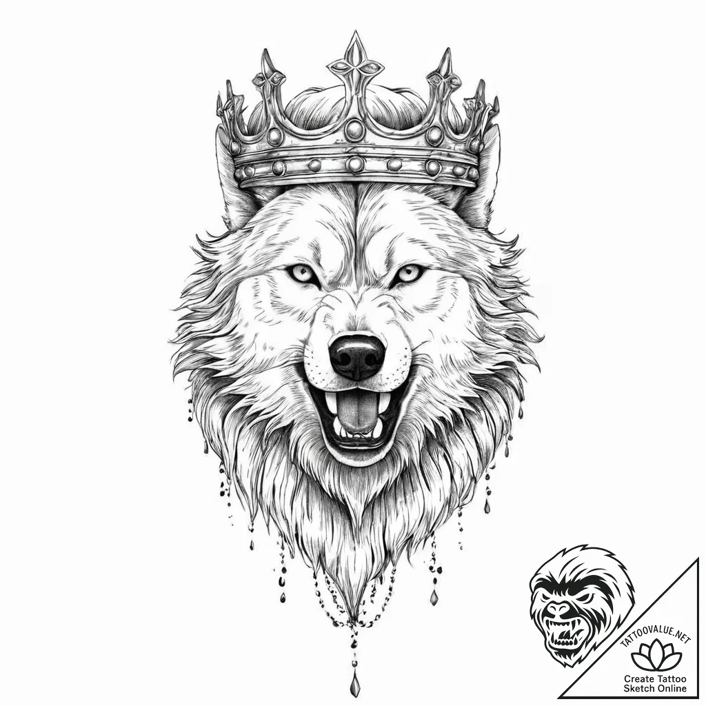A snarling wolf, wearing a king's crown made... - tattoo sketch (№1752008013_0, 08.07.2025 20:53) — tattoovalue.net