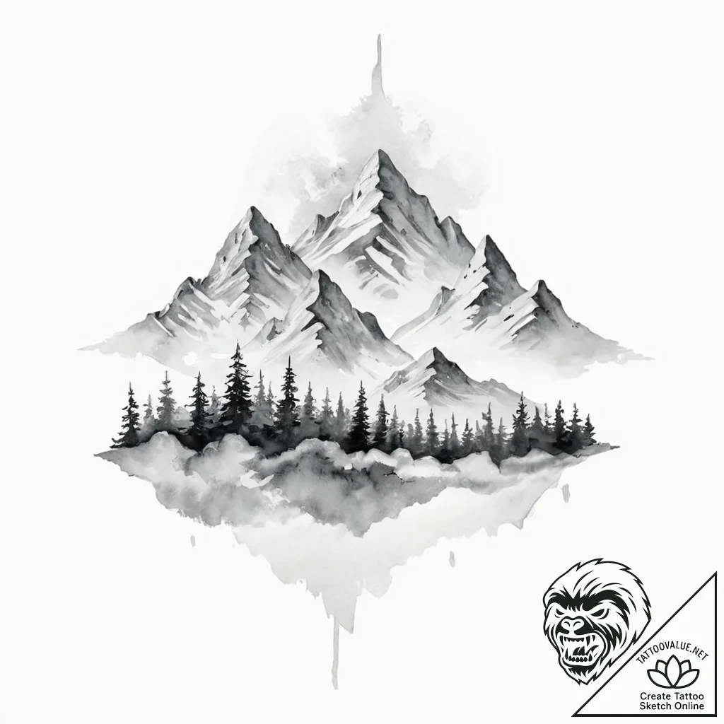 A mountain range, with misty clouds painted i... - tattoo sketch (№1752008184_0, 08.07.2025 20:56) — tattoovalue.net