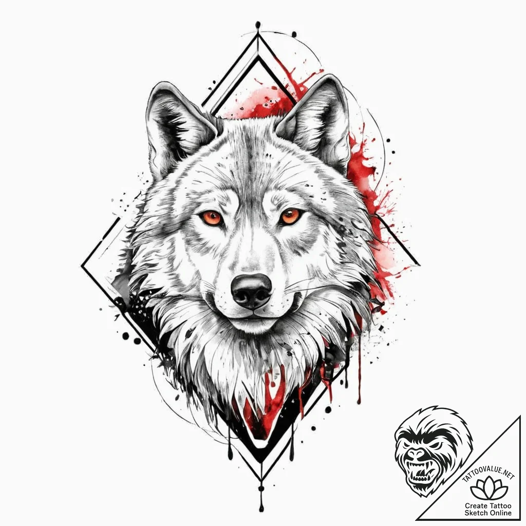 A portrait of a wolf, with a red, geometric f... - tattoo sketch (№1752008356_0, 08.07.2025 20:59) — tattoovalue.net