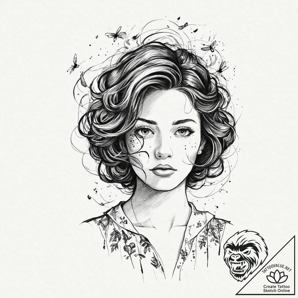 A woman whose hair is a swarm of fireflies, c... - tattoo sketch (№1752008784_0, 08.07.2025 21:06) — tattoovalue.net