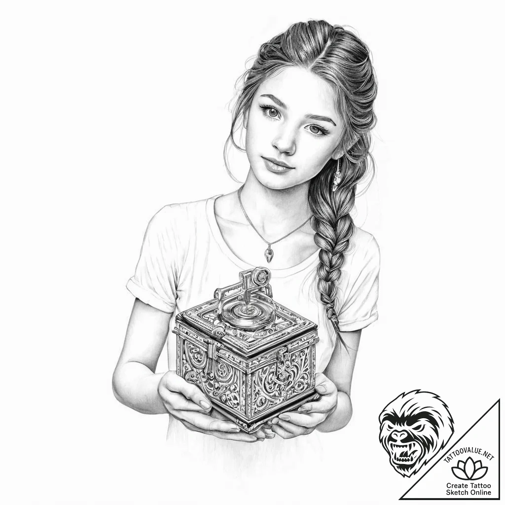 A girl holding a small, intricate music box - tattoo sketch (№1752009125_0, 08.07.2025 21:12) — tattoovalue.net