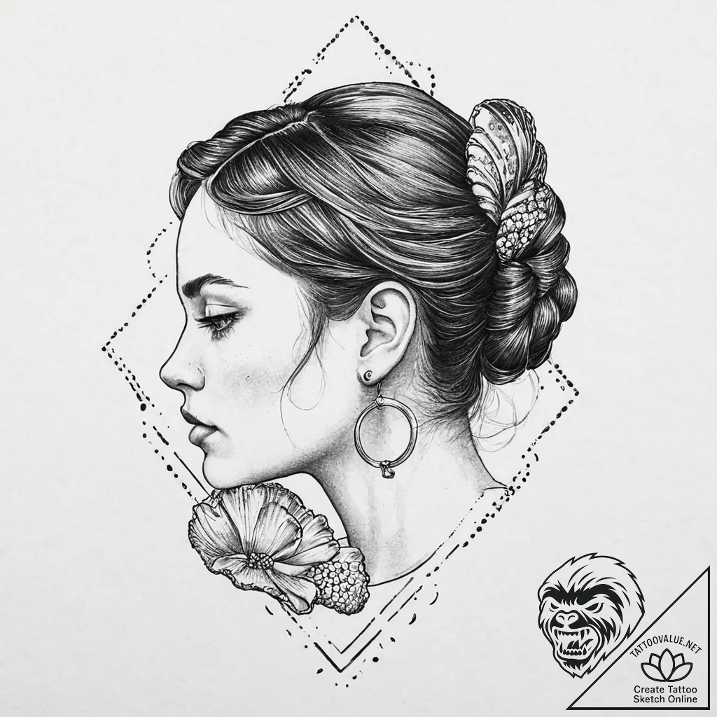 A girl holding a single, perfect seashell to... - tattoo sketch (№1752011183_0, 08.07.2025 21:46) — tattoovalue.net