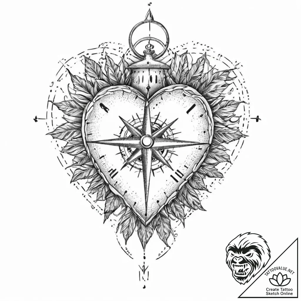 A human heart, with a compass inside, always... - tattoo sketch (№1752011782_0, 08.07.2025 21:56) — tattoovalue.net