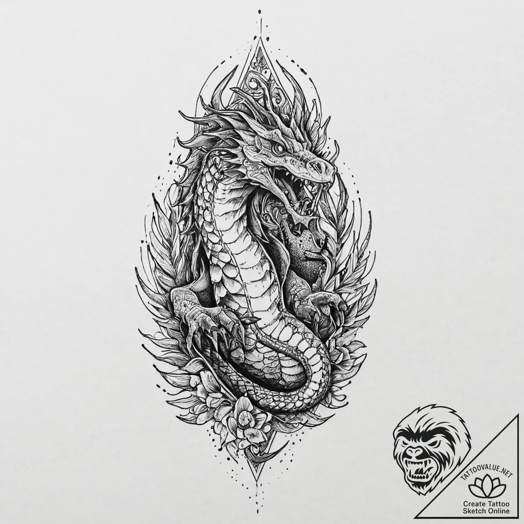 A beautiful, but deadly basilisk, its gaze tu... - tattoo sketch (№1752013402_0, 08.07.2025 22:23) — tattoovalue.net