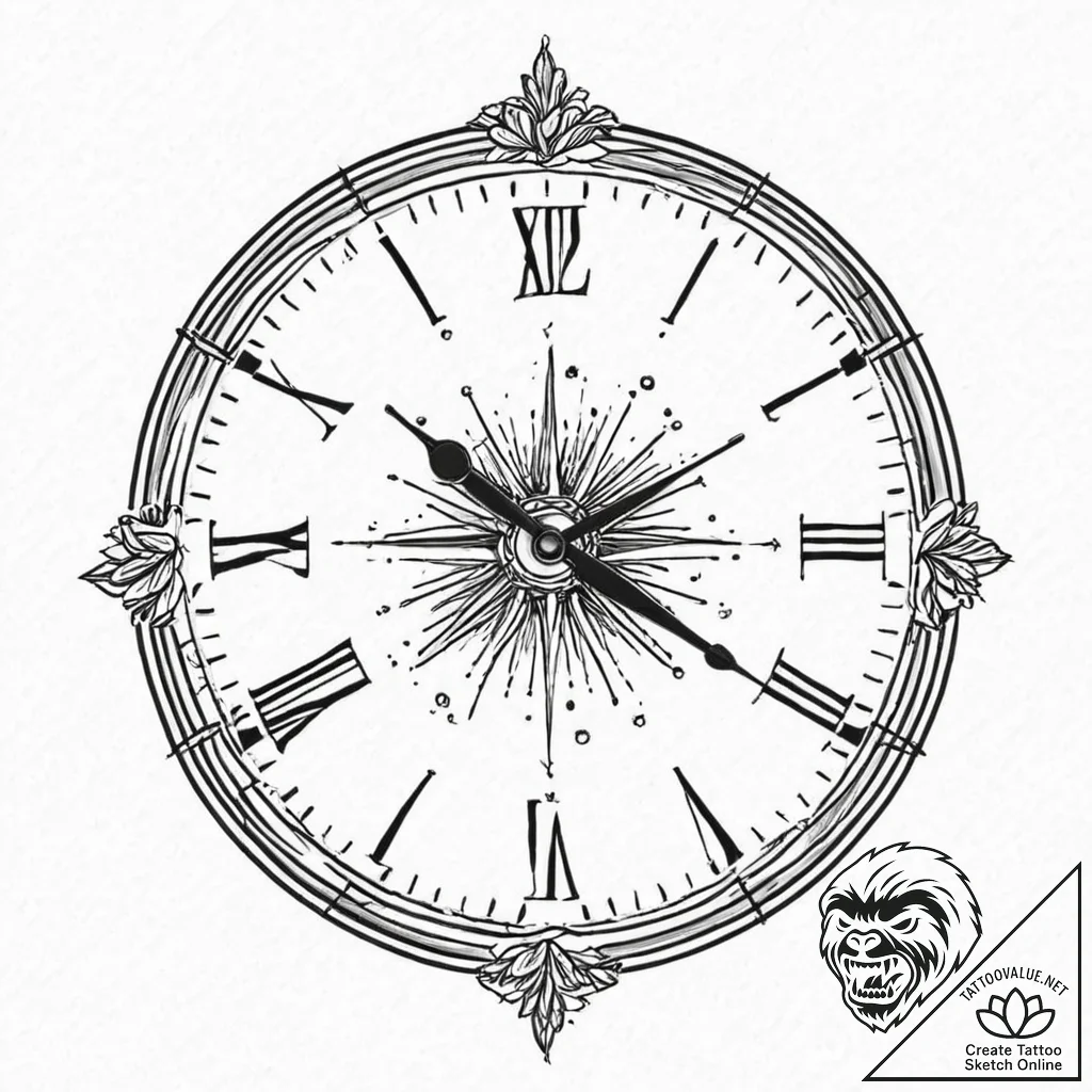 A beautiful, realistic clock, with no hands,... - tattoo sketch (№1752013489_0, 08.07.2025 22:24) — tattoovalue.net