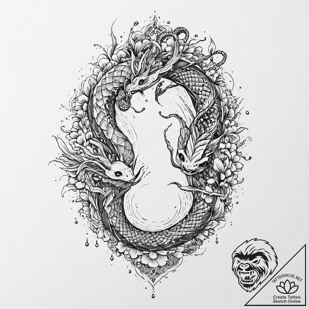A snake, coiled seductively around a dripping... - tattoo sketch (№1752013831_0, 08.07.2025 22:30) — tattoovalue.net