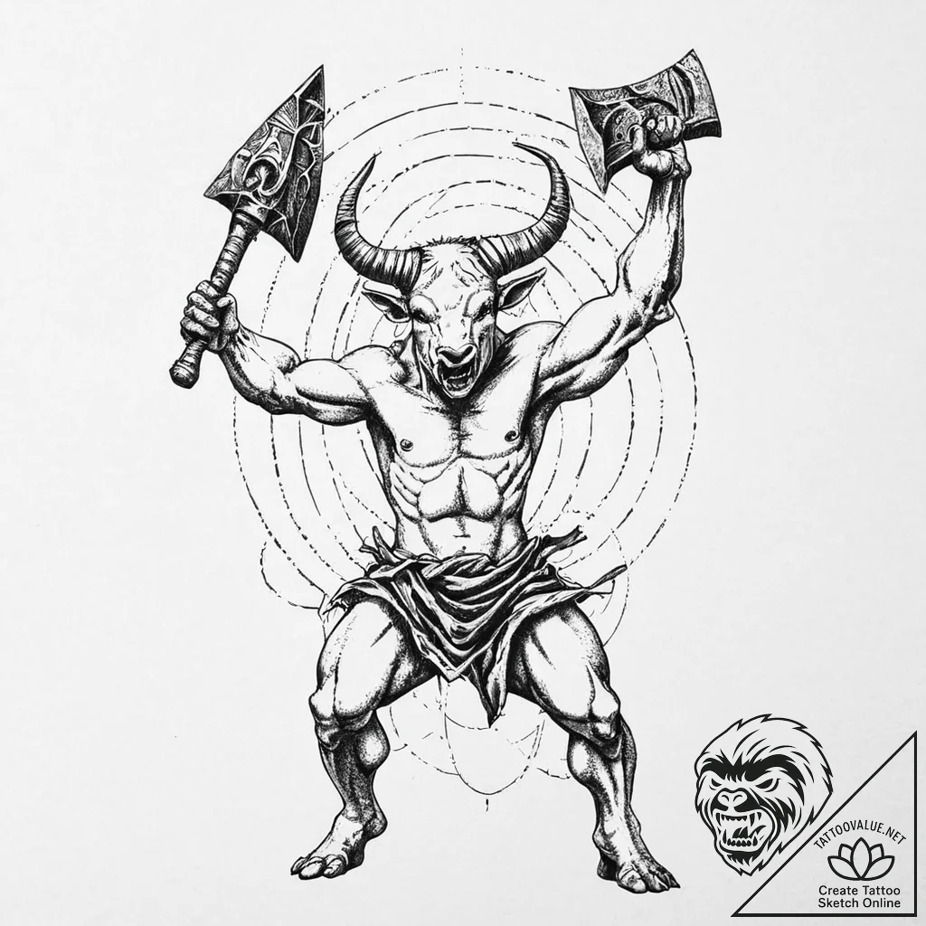 A powerful minotaur, swinging a massive axe i... - tattoo sketch (№1752014674_0, 08.07.2025 22:44) — tattoovalue.net
