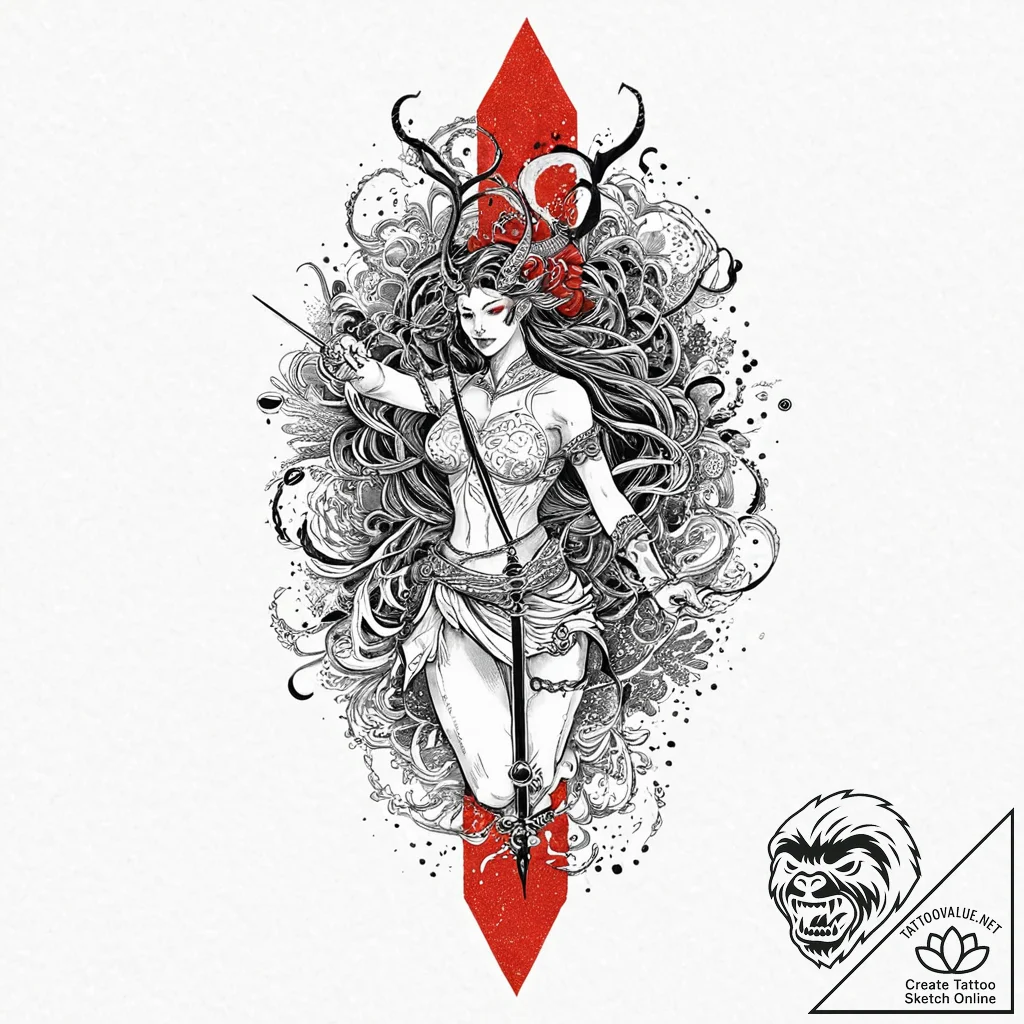 A beautiful, but fierce valkyrie, her spear p... - tattoo sketch (№1752015185_0, 08.07.2025 22:53) — tattoovalue.net