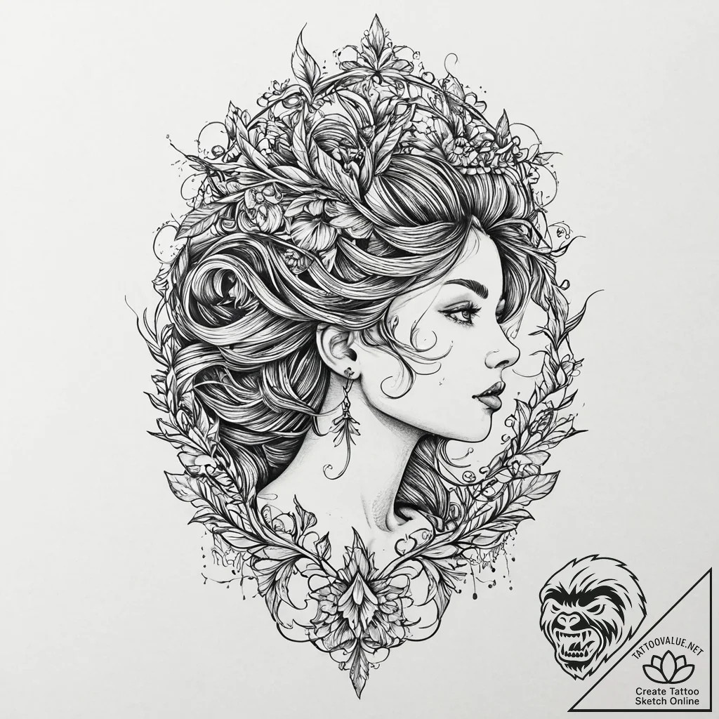 A girl whose hair is made of thorny vines, ta... - tattoo sketch (№1752015444_0, 08.07.2025 22:57) — tattoovalue.net