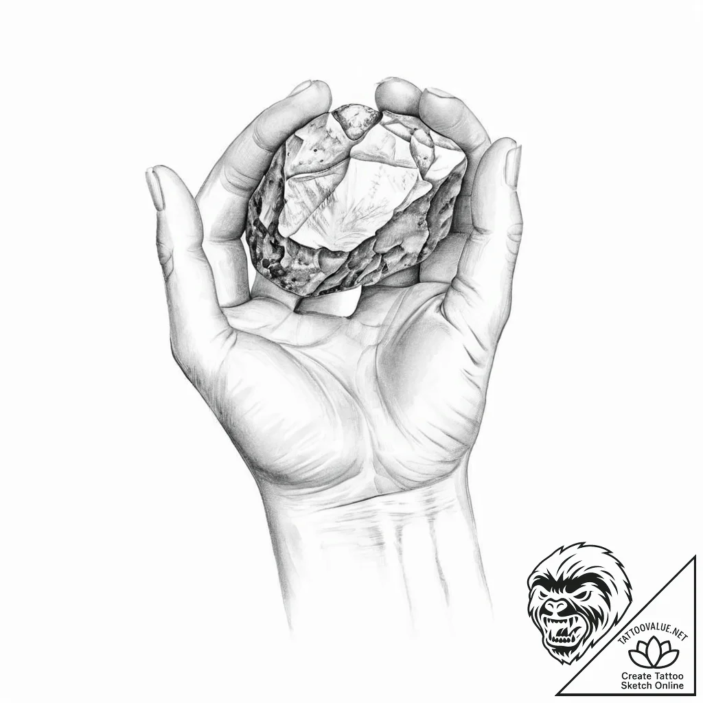 A human hand, holding a single, polished ston... - tattoo sketch (№1752015525_0, 08.07.2025 22:58) — tattoovalue.net