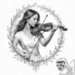 A girl playing a violin, but the violin is ma… – tattoo sketch (№1752015611_0, 08.07.2025 23:00) — tattoovalue.net