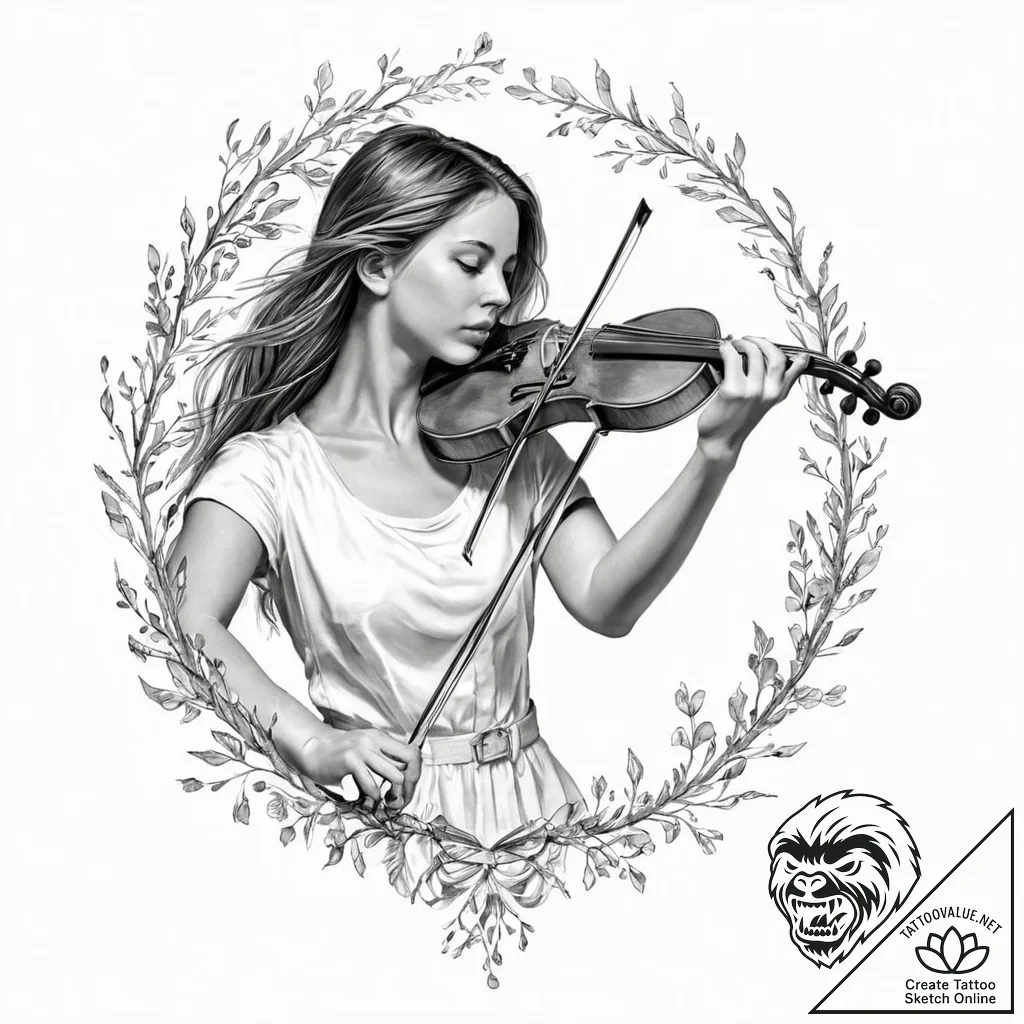 A girl playing a violin, but the violin is ma... - tattoo sketch (№1752015611_0, 08.07.2025 23:00) — tattoovalue.net