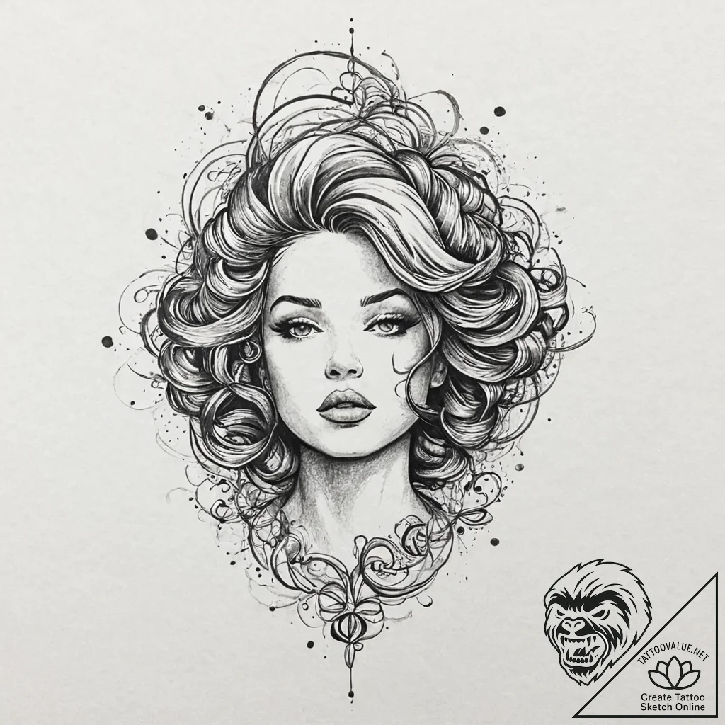 A beautiful woman with her hair made of swirl... - tattoo sketch (№1752016640_0, 08.07.2025 23:17) — tattoovalue.net