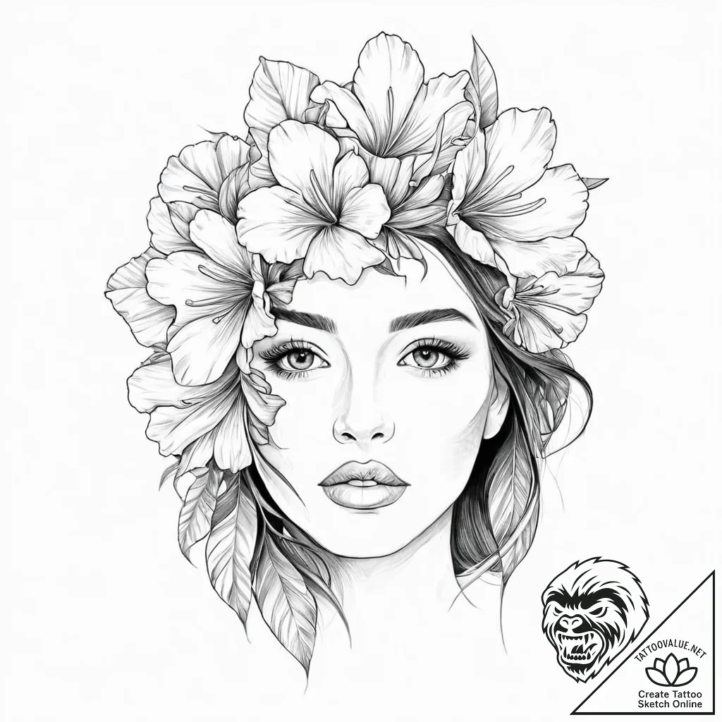 A beautiful woman with her face half-covered... - tattoo sketch (№1752017410_0, 08.07.2025 23:30) — tattoovalue.net