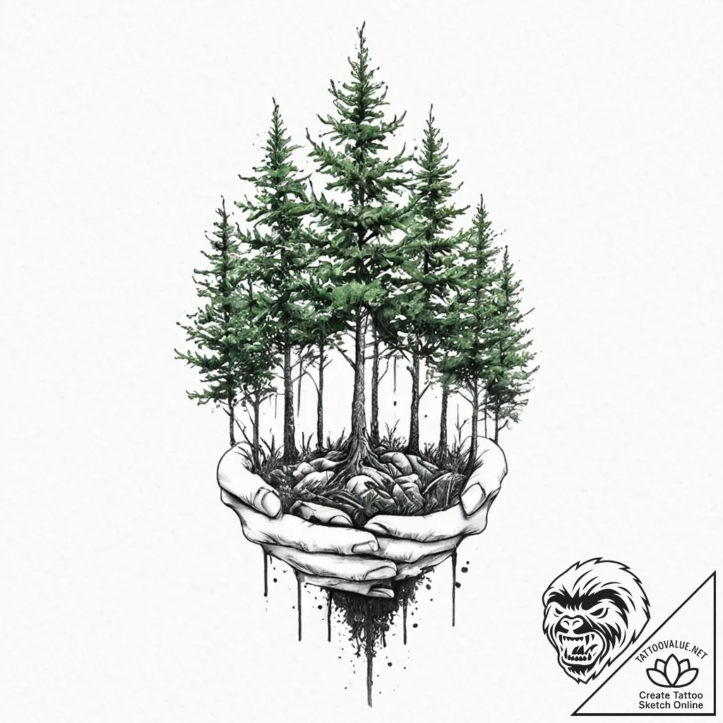 A person, planting a forest of new trees, con... - tattoo sketch (№1752017921_0, 08.07.2025 23:38) — tattoovalue.net