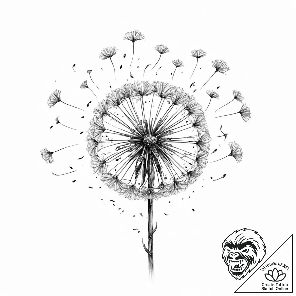 A dandelion, its seeds are flying away, each... - tattoo sketch (№1752018006_0, 08.07.2025 23:40) — tattoovalue.net