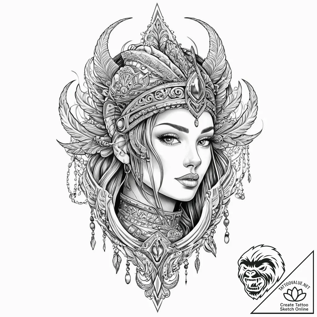 A woman warrior from a fantasy tribe, with bo... - tattoo sketch (№1752018176_0, 08.07.2025 23:42) — tattoovalue.net