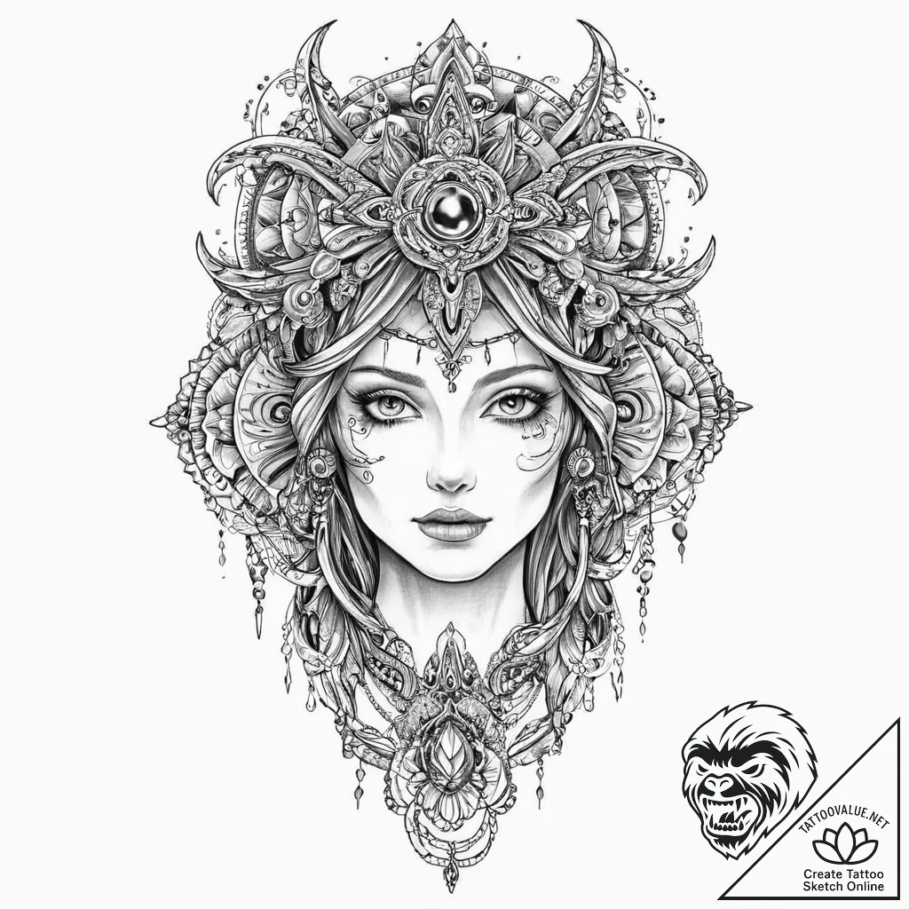 A sci-fi priestess with intricate white tatto... - tattoo sketch (№1752018262_0, 08.07.2025 23:44) — tattoovalue.net